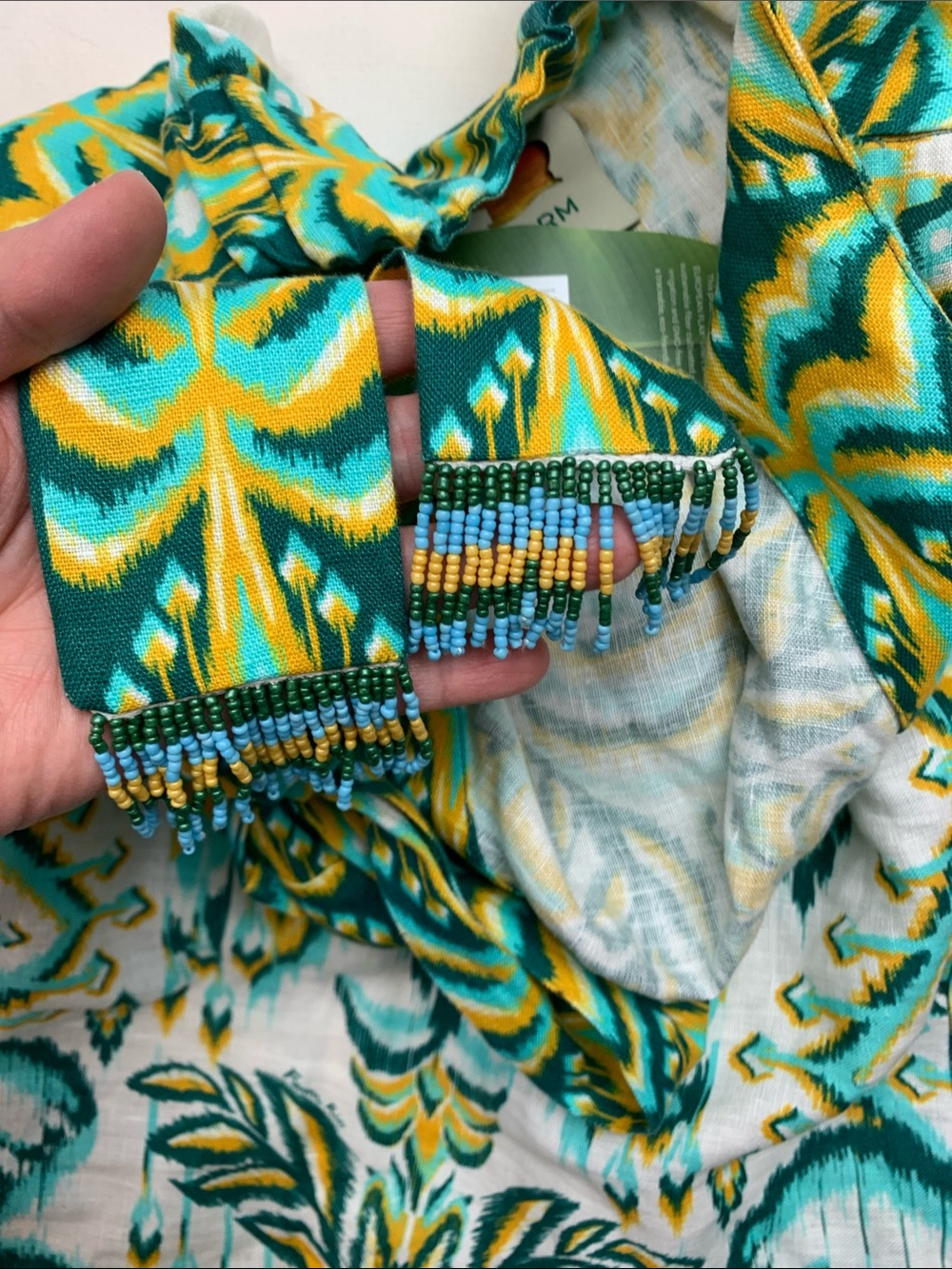 Farm Rio medium new Halter Maxi Dress tropical tapestry Green Yellow linen - Picture 8 of 14